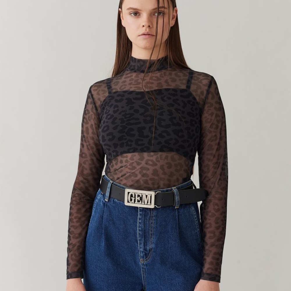 NWT Lazy Oaf G.E.M. Tonal Leopard Sheer Top Black Mock Turtleneck